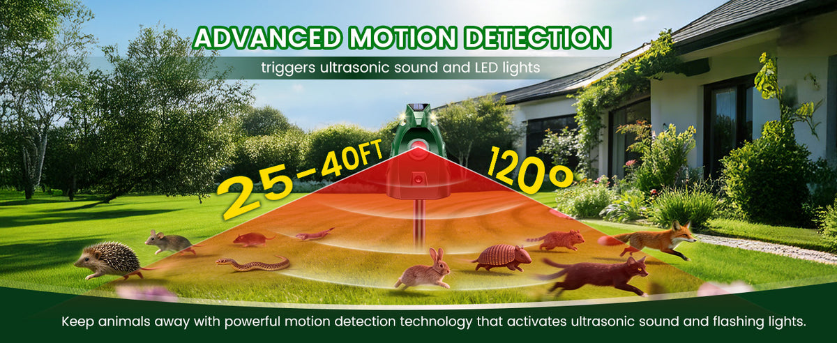 Ultrasonic Animal Deterrent Outdoor, Solar Power Cat Rodent Raccoon Repeller, Rabbit Snake Control Device with Motion Sensor and FIashing Light, Waterproof Outdoor Animal Device for Deer Squirrel