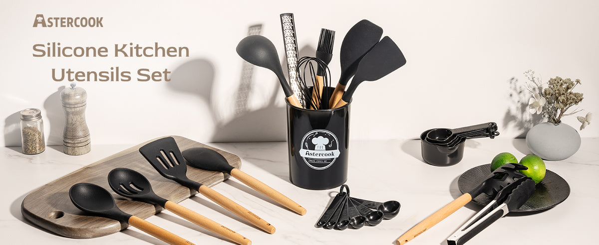 Astercook 39 PCS Kitchen Utensils Set, Silicone Cooking Utensil Sets with Wooden Handle, 446°F Heat Resistant Food Grade Spatula Set, BPA Free Kitchen Gadgets Tools Set & Spoons for Nonstick Cookware