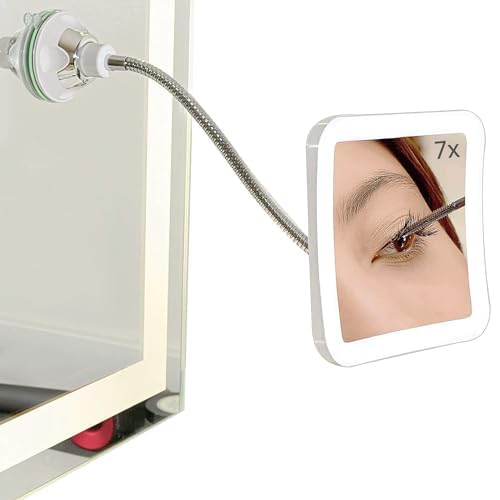 SunplusTrade Makeup Mirror with LED Lights and 7X Magnification, Portable Cordless Design Suction Cup Mirror for Home and Travel with Flexible Gooseneck to Adjust to Any Position Easily