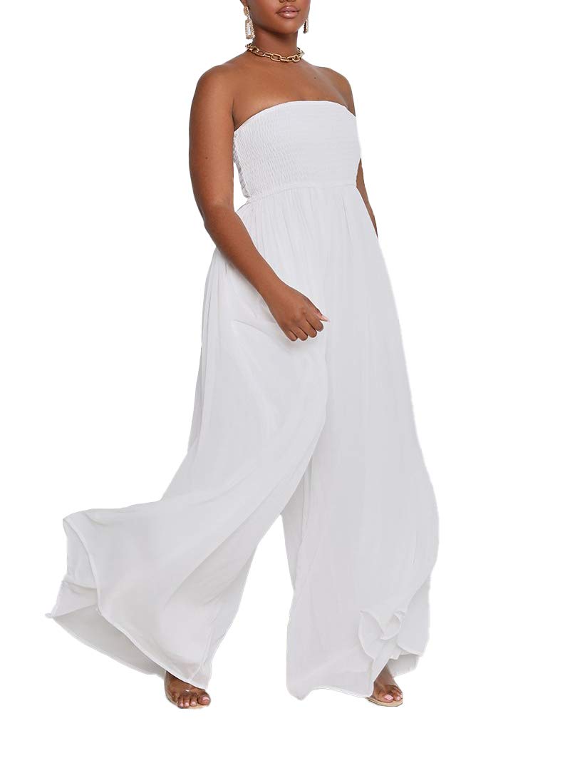 Ophestin Women's Strapless Tube Wide Leg Jumpsuits Smocked Women Jumpsuits Dressy Casual Flowy One Piece Jumpsuits Rompers