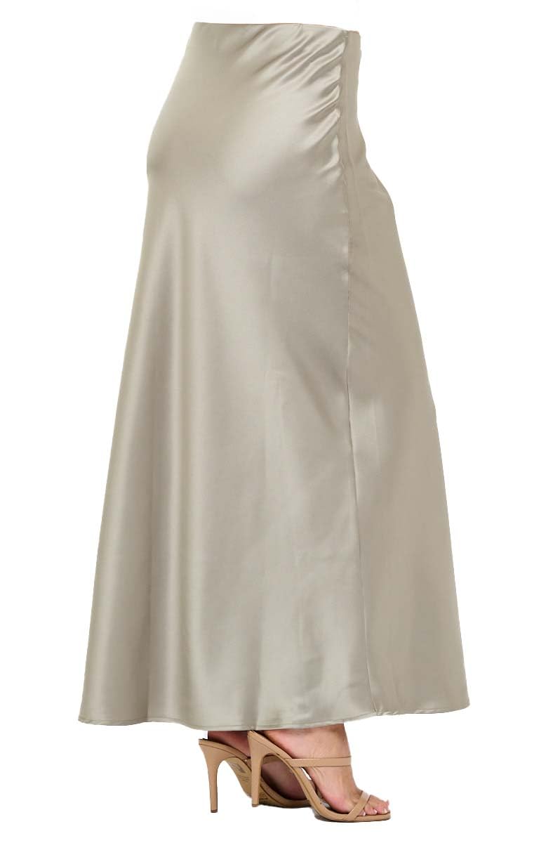 Women's Solid Satin High Waist Midi Long Skirt Hidden Elastic Waistband Skirt for Women-Made in USA