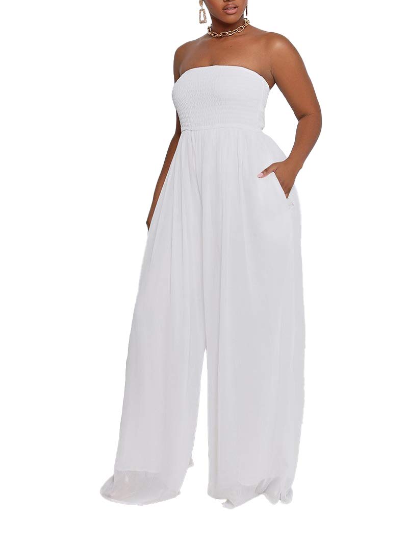 Ophestin Women's Strapless Tube Wide Leg Jumpsuits Smocked Women Jumpsuits Dressy Casual Flowy One Piece Jumpsuits Rompers