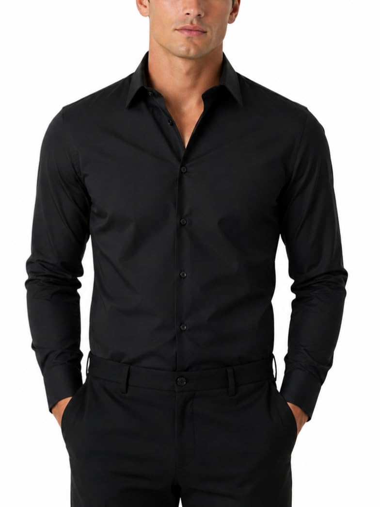FAHIZO Men's Dress Shirt Casual Regular Fit Stretch Solid Long Sleeve Button Up Shirts