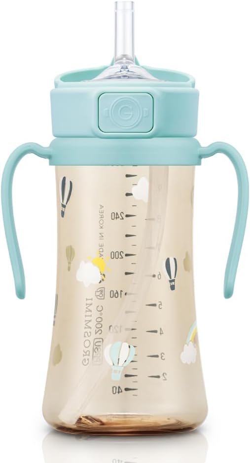 GROSMIMI PPSU Baby Straw Cup Stage 2, 12M+, Spill-Proof, 10oz (Air Balloon)