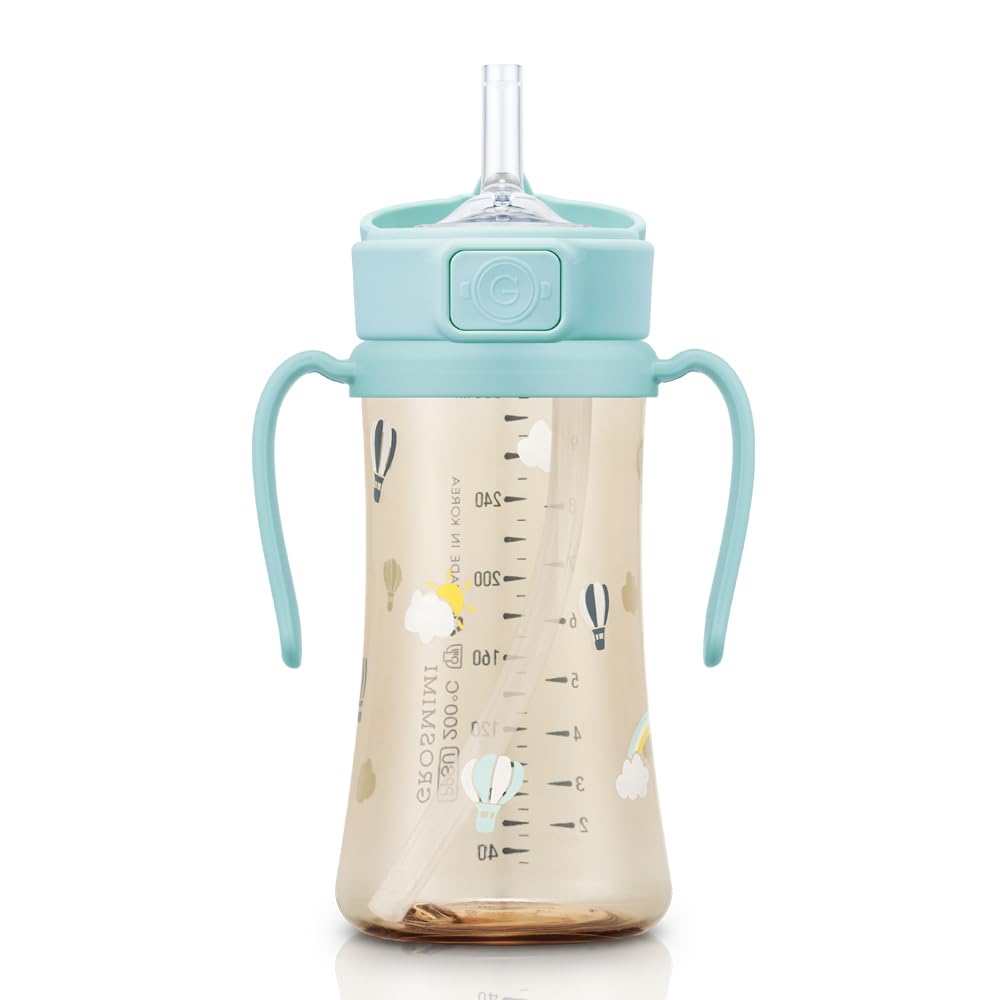 GROSMIMI PPSU Baby Straw Cup Stage 2, 12M+, Spill-Proof, 10oz (Air Balloon)