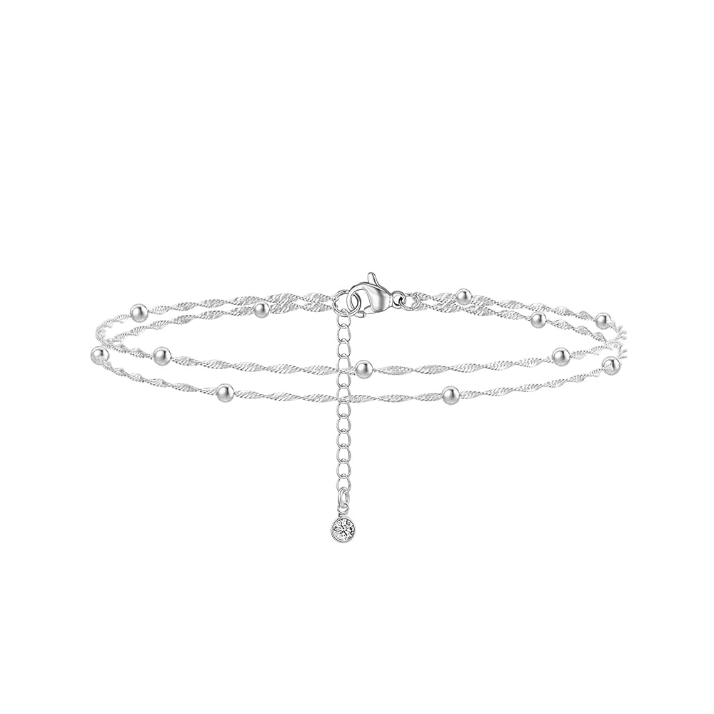 Freekiss Sterling Silver Ankle Bracelets for Women: Dainty Layered Waterproof Anklet for Women Adjustable Womens Anklet Set Stackable Figaro Beaded Cuban Link Anklets Beach Jewelry for Women