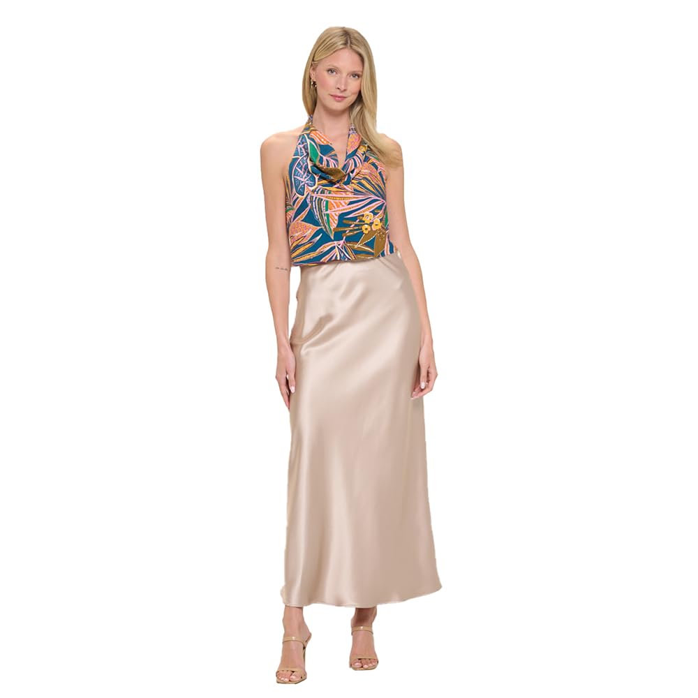 Women's Solid Satin High Waist Midi Long Skirt Hidden Elastic Waistband Skirt for Women-Made in USA