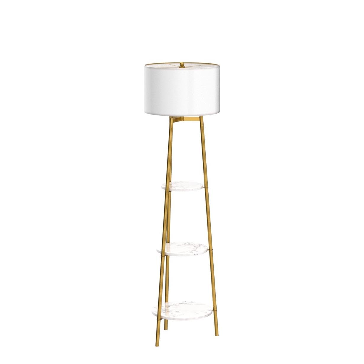 ROSEN GARDEN Floor Lamp, Standing Reading Light with Shelves and Fabric Shade, Modern Tall Pole Lamp, Accent Furniture Décor Lighting for Living Room, Bedrooms (Gold, 4-Tier)