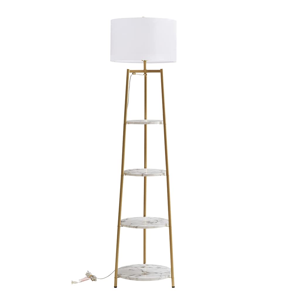 ROSEN GARDEN Floor Lamp, Standing Reading Light with Shelves and Fabric Shade, Modern Tall Pole Lamp, Accent Furniture Décor Lighting for Living Room, Bedrooms (Gold, 4-Tier)