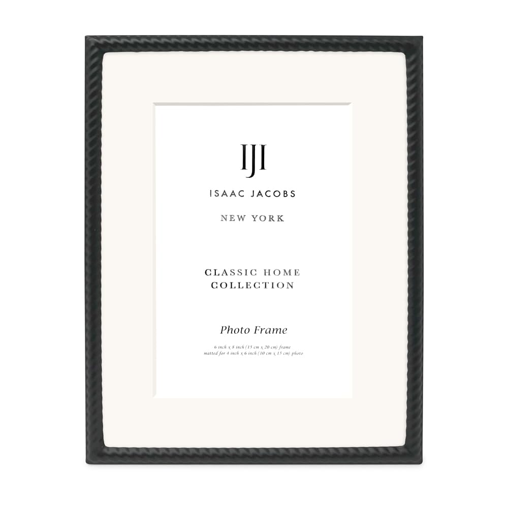 Isaac Jacobs 6x8 (Matted 4x6) Black Metal Rope Border Picture Frame, Horizontal & Vertical for Tabletop and Wall Display, Home Decor, Metal Frame (6x8 (Matted 4x6), Black)