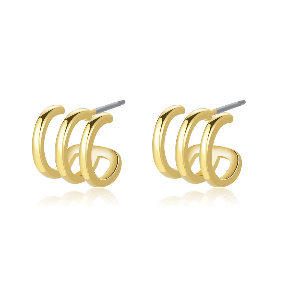 Obidos 14K Gold Plated Illusion Stud Earrings for Women | Triple Huggie Hoop Earrings for One Hole| Trendy Simple Hypoallergenic Fashion Accessories Gold Jewelry Gifts for Womens