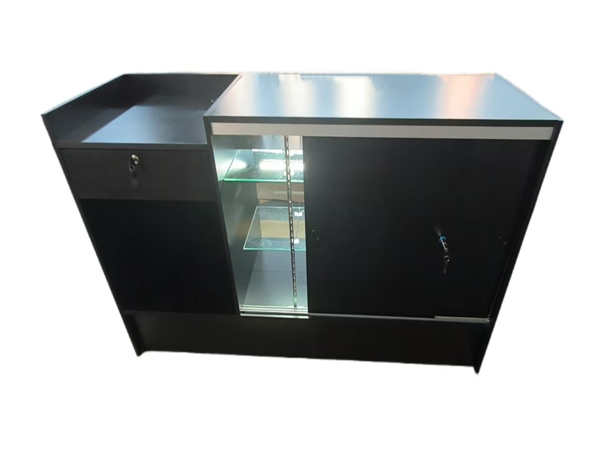 Only Hangers Full Vision Display Showcase with LED Lights, 72" Wide or 48" Wide- Available in Black, Maple, and White (Black Register Stand with Glass Front and LED Lights, 48")