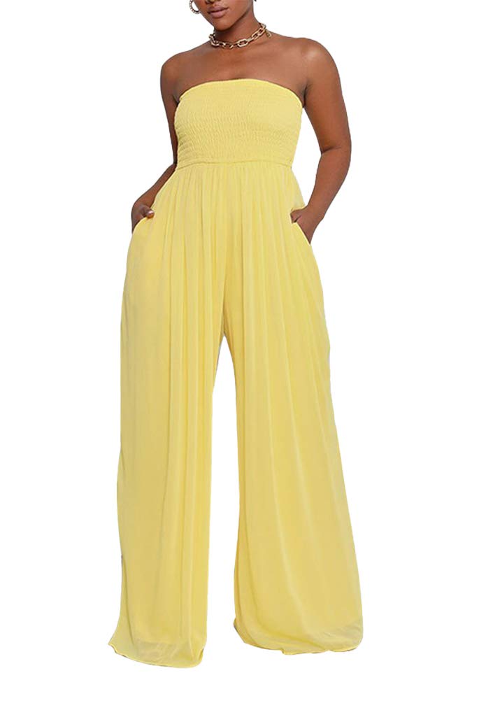 Ophestin Women's Strapless Tube Wide Leg Jumpsuits Smocked Women Jumpsuits Dressy Casual Flowy One Piece Jumpsuits Rompers