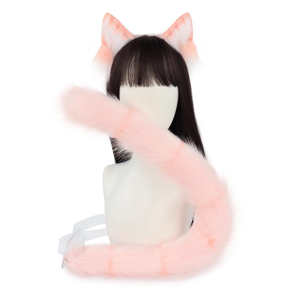 QinRuan Animal Cosplay Costume Accessories Furry Faux Fur Cat Ears Headband and Fox Tail Set Halloween Accessory