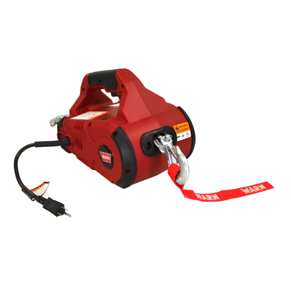 WARN 885000 PullzAll Corded 120V AC Portable Electric Winch with Steel Cable: 1/2 Ton (1,000 lb) Pulling Capacity, Variable Speed Trigger, Red