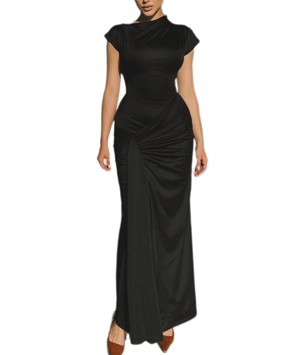 Mojessy Women Bodycon Maxi Dress Sexy Mock Neck Lace Up Bandage Ruched Short Sleeve Long Dress Cocktail Dress