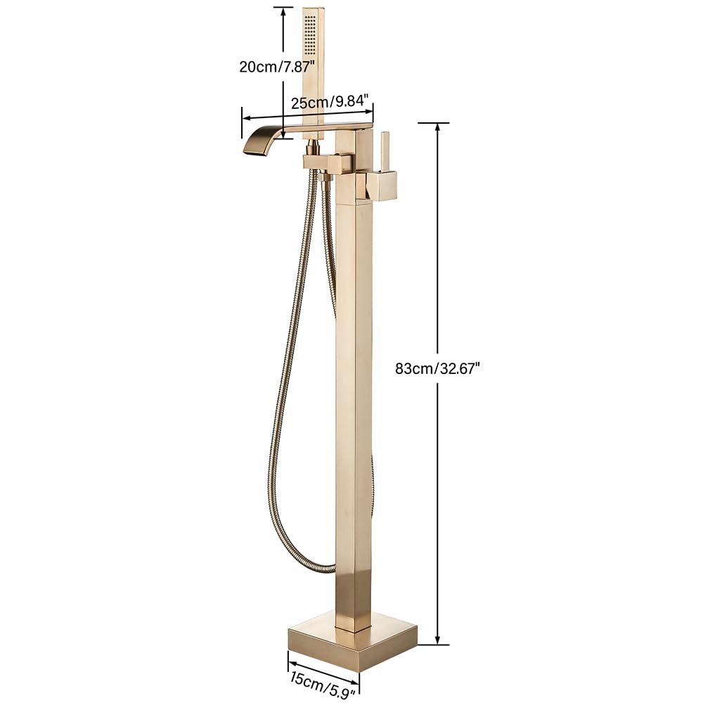 Brushed Gold Freestanding Bathtub Faucet with Hand Shower Tub Filler Faucet Floor Mounted High Flow Single Handle Bath Filler Solid Brass
