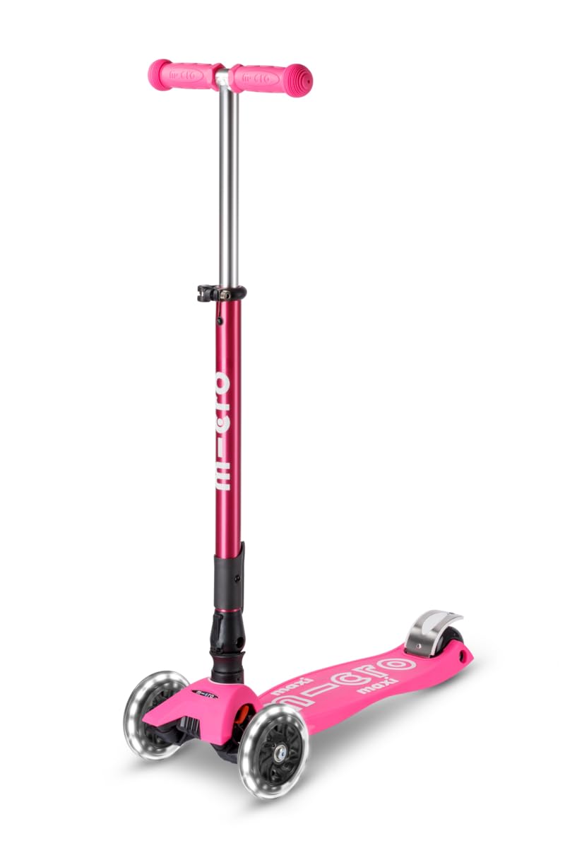 Micro Kickboard | Maxi Foldable LED Kids Scooter for Ages 5-12 | Children up to 110 lbs | 3 Wheel Lean-to-Steer Design | Adjustable T Bar | Smooth Ride, Motion Activated PU LED Wheels | Swiss Design