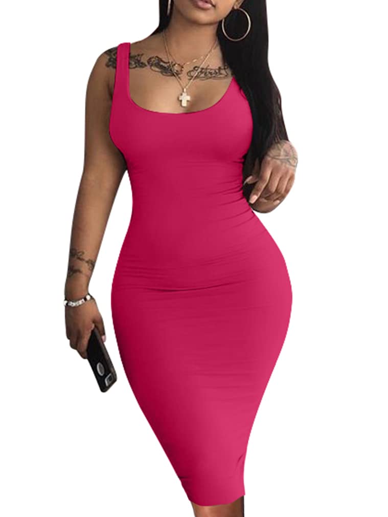 LAGSHIAN Women's Sexy Bodycon Tank Dress Sleeveless Basic Midi Club Dresses