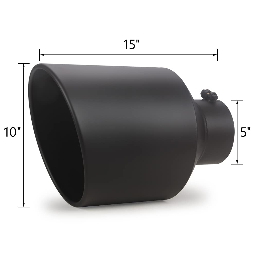 LCGP 5" Inlet Exhaust Tip, 6" Outlet 15" Long Bolt On Stainless Steel Diesel Exhaust Tailpipe Black