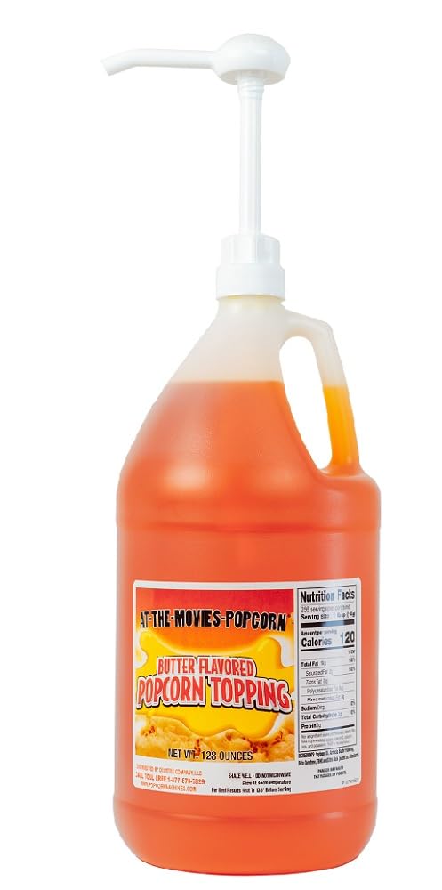 At-The-Movies-Popcorn® Buttery Flavor Popcorn Topping (1 Gallon Includes 1oz Displacemnt Plastic Pump) – Movie Theater Butter Popcorn Oil, Vegan, Gluten Free, Non GMO, Zero Trans Fat, Rich Buttery Taste for Home and Commercial Popcorn Machines