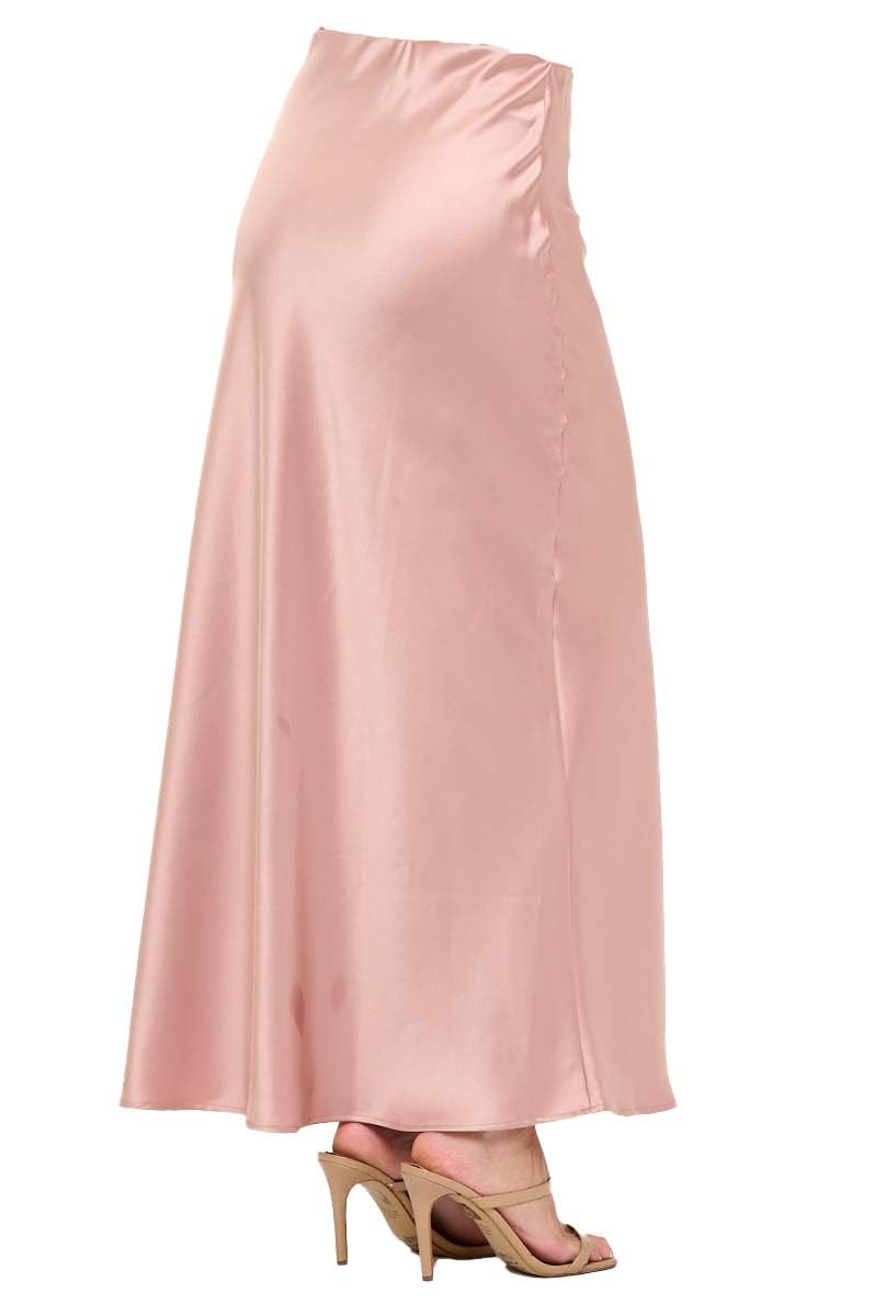 Women's Solid Satin High Waist Midi Long Skirt Hidden Elastic Waistband Skirt for Women-Made in USA