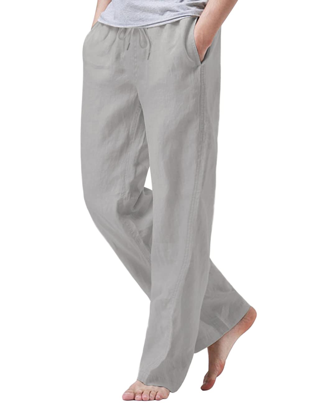 iWoo Linen Pants Men Casual 2025 Summer Beach Elastic Drawstring Waist Yoga Pants Travel Baggy Work Pant Pajama