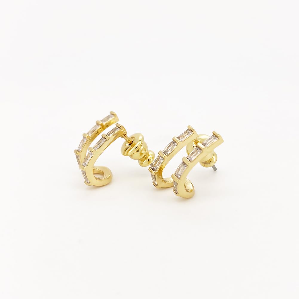 Obidos 14K Gold Plated Illusion Stud Earrings for Women | Triple Huggie Hoop Earrings for One Hole| Trendy Simple Hypoallergenic Fashion Accessories Gold Jewelry Gifts for Womens