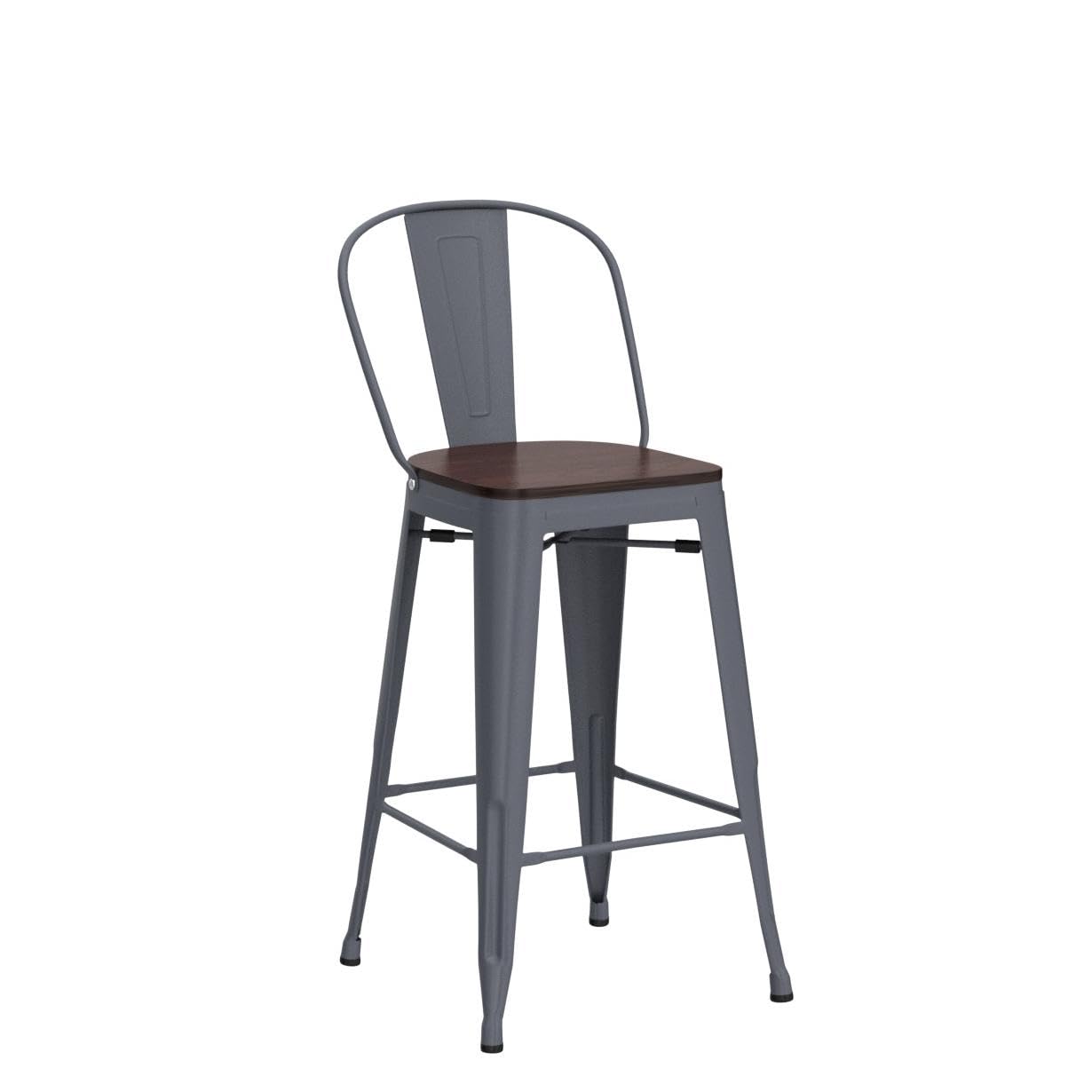 Barstools Set of 4 Counter Height Bar Stools for Kitchen Island Farmhouse Metal High Back Bar Chairs Wooden Seat 24" Matte Black