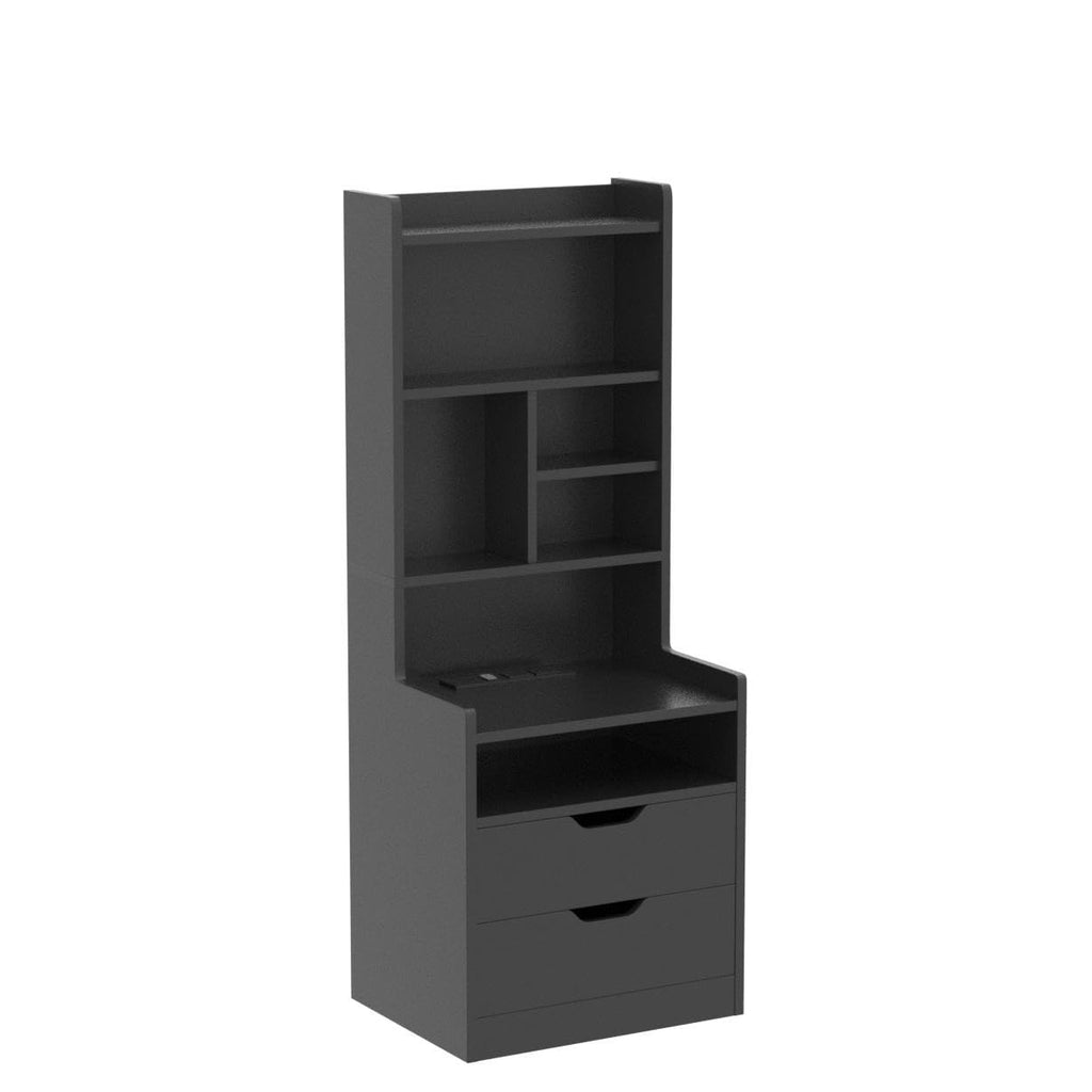 BTHFST Tall Nightstand with LED Lights and Charging Station, LED Black Nightstand with Shelves and 2 Drawers, Bedside Table with Bookshelf, Tall Side End Table with Storage