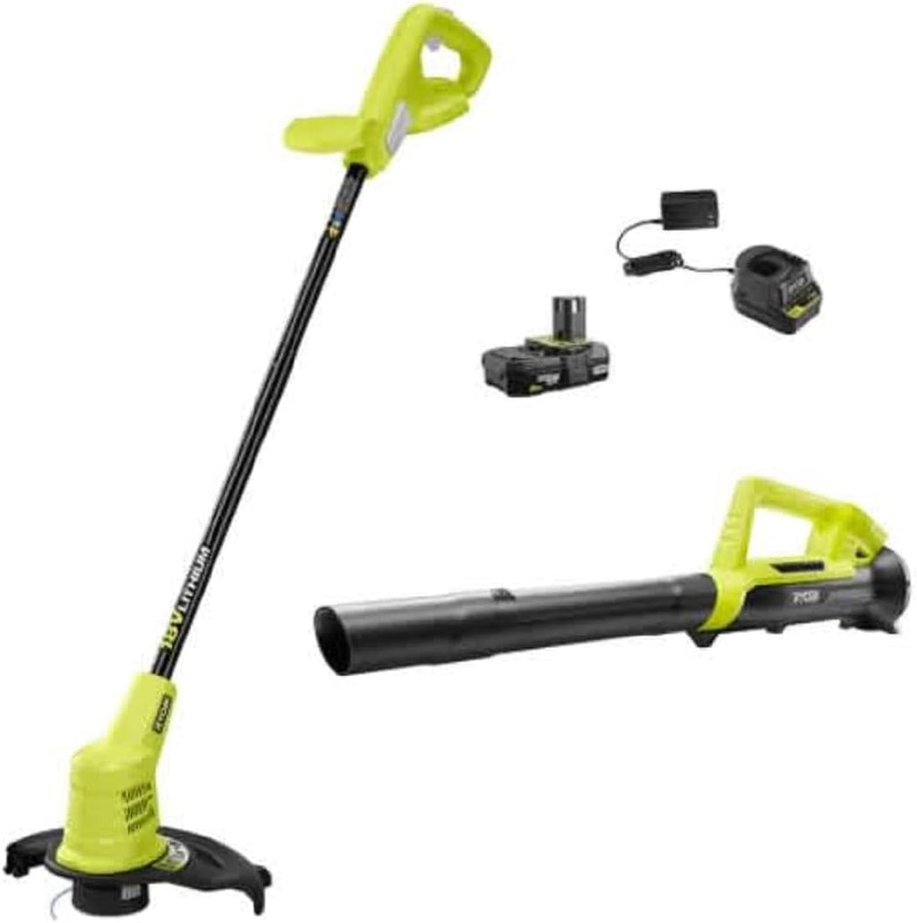 RYOBI 18V ONE+ 10-inch Cordless Battery String Trimmer and Blower with 2.0 Ah Battery and Charger