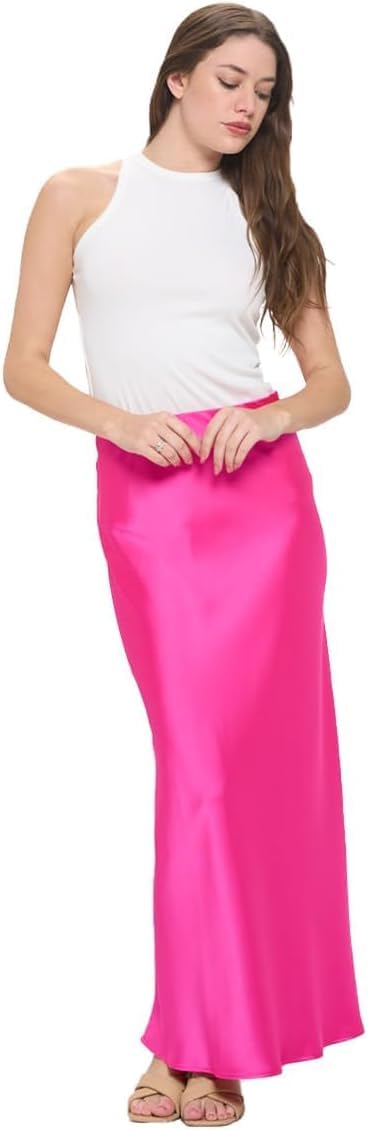 Women's Solid Satin High Waist Midi Long Skirt Hidden Elastic Waistband Skirt for Women-Made in USA
