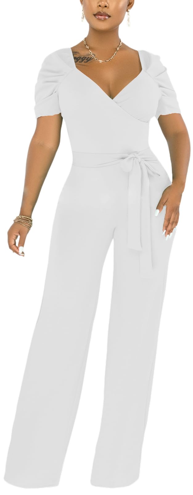 PaladMom Womens Elegant Plus Size Jumpsuits Sexy Back zipper Short Sleeve Mid Waist Wide Leg Straight Rompers