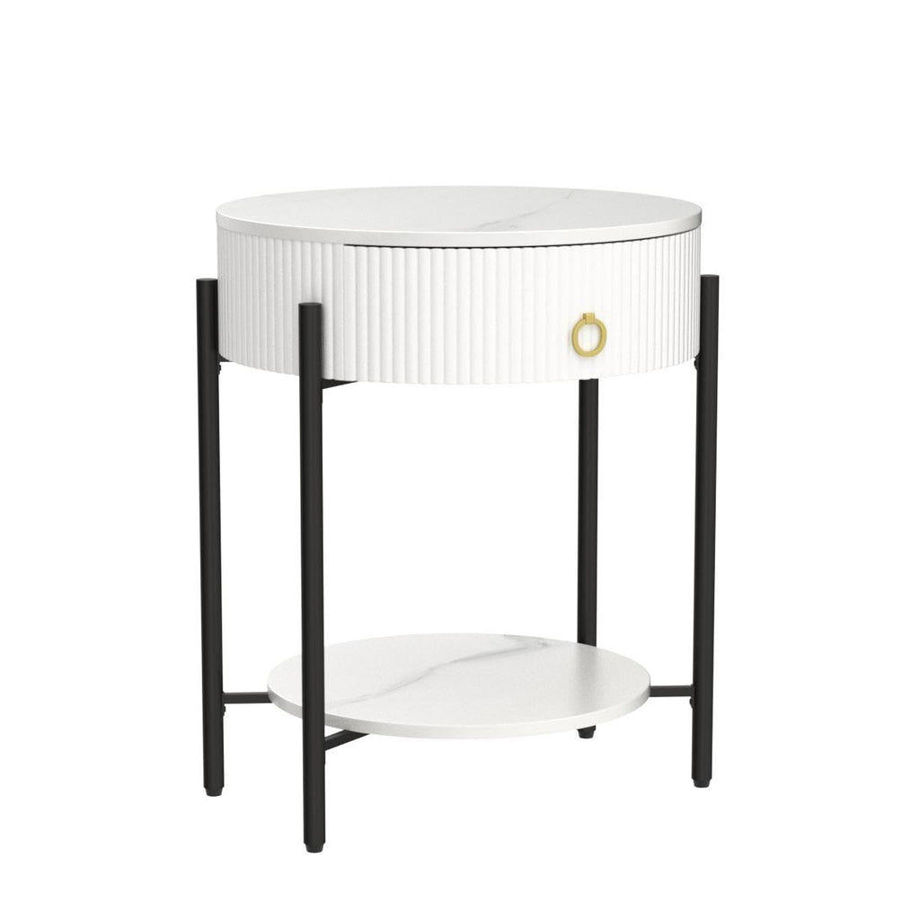 OIOG Modern Side Table with Drawer, Industrial 2 Tier End Table with Shelf, Wood Grain Nightstand with Storage for Living Room, Bedroom, Office, Dorm, Black
