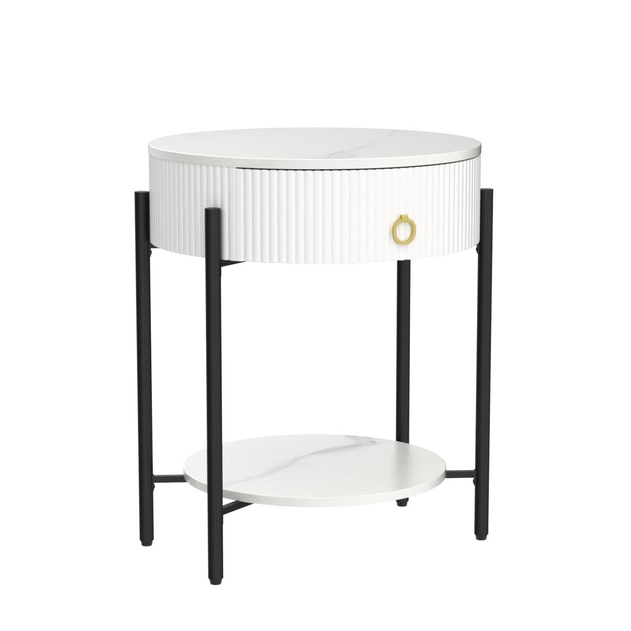 OIOG Modern Side Table with Drawer, Industrial 2 Tier End Table with Shelf, Wood Grain Nightstand with Storage for Living Room, Bedroom, Office, Dorm, Black