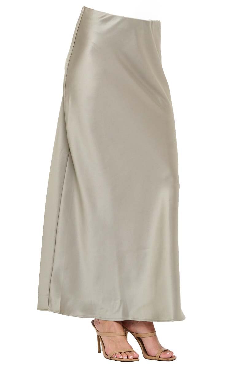 Women's Solid Satin High Waist Midi Long Skirt Hidden Elastic Waistband Skirt for Women-Made in USA