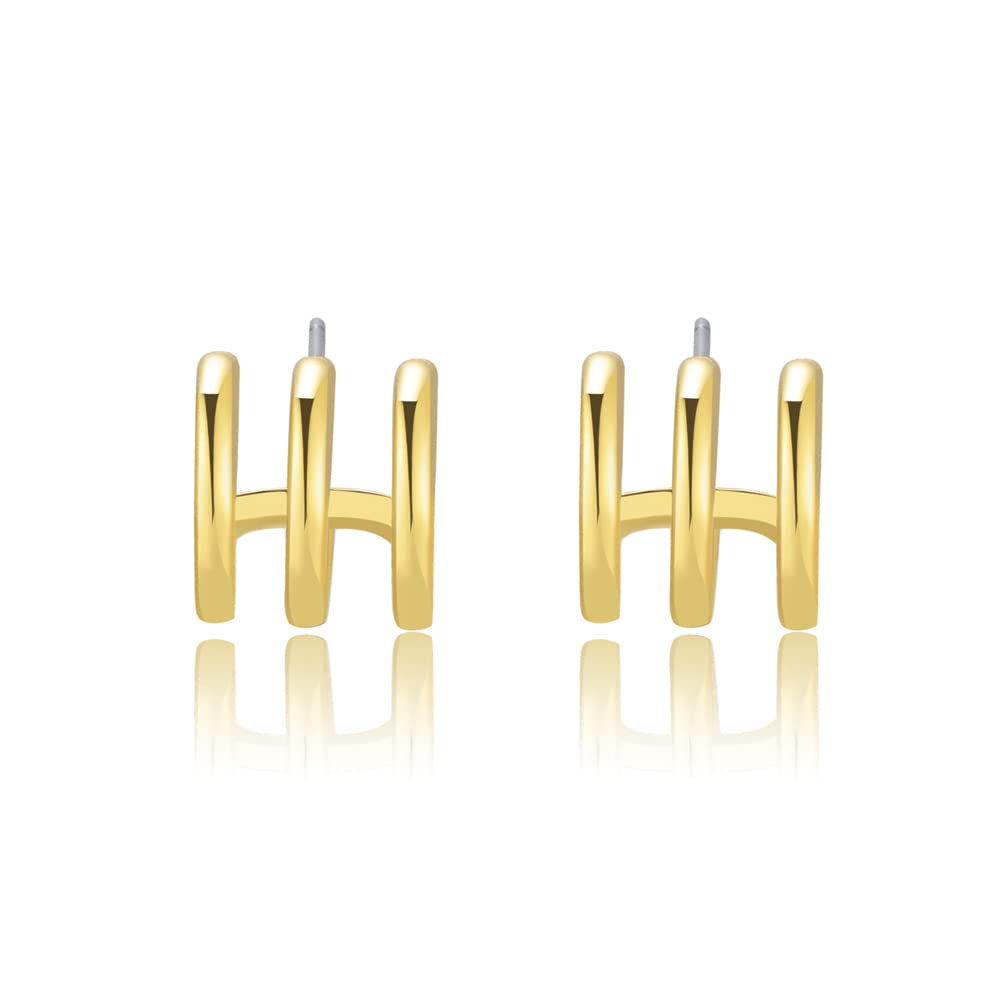 Obidos 14K Gold Plated Illusion Stud Earrings for Women | Triple Huggie Hoop Earrings for One Hole| Trendy Simple Hypoallergenic Fashion Accessories Gold Jewelry Gifts for Womens