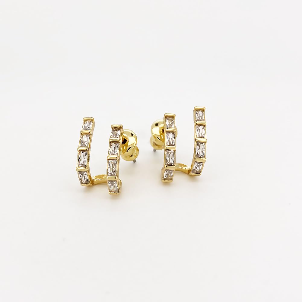 Obidos 14K Gold Plated Illusion Stud Earrings for Women | Triple Huggie Hoop Earrings for One Hole| Trendy Simple Hypoallergenic Fashion Accessories Gold Jewelry Gifts for Womens