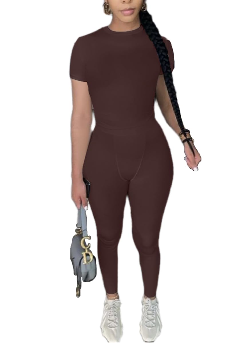 AYWA Two Piece Outfits for Women Fitted Crew Neck T-shirt High Waist Leggings Biker Shorts Matching Sets Streetwear
