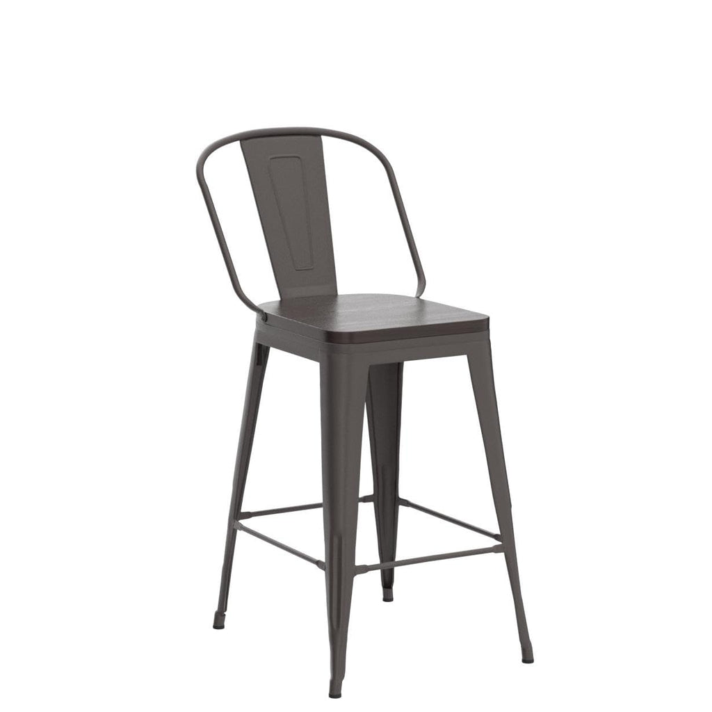 Alunaune 24" Swivel Metal Bar Stools Set of 4 High Back Counter Height Barstools Industrial Dining Bar Chairs with Large Wooden Seat-Matte Black
