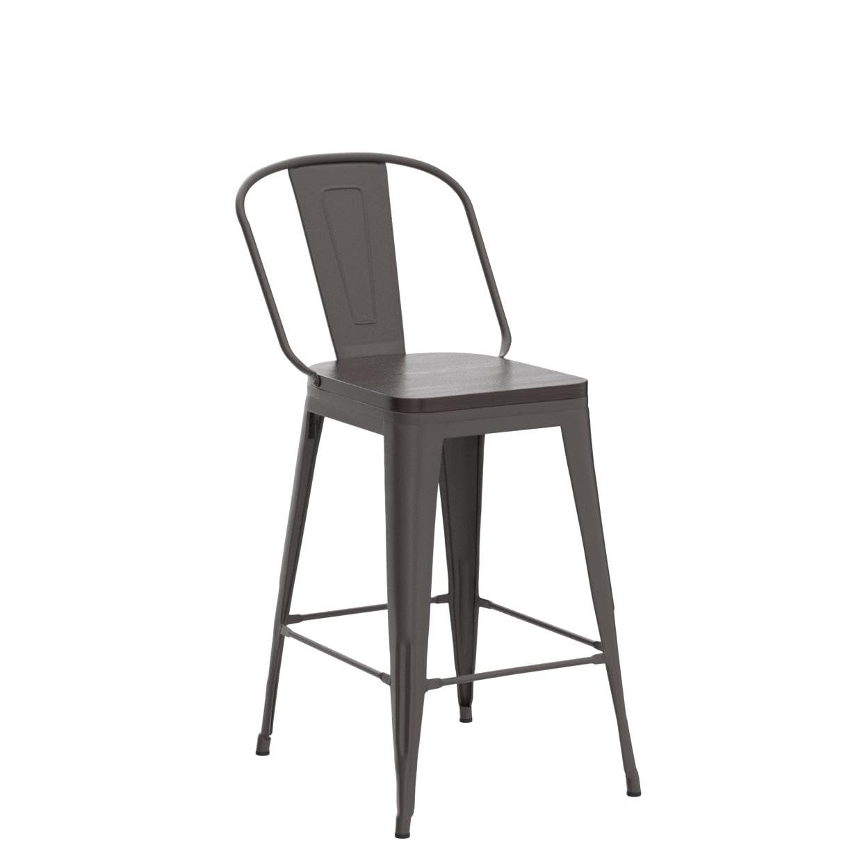 Alunaune 24" Swivel Metal Bar Stools Set of 4 High Back Counter Height Barstools Industrial Dining Bar Chairs with Large Wooden Seat-Matte Black