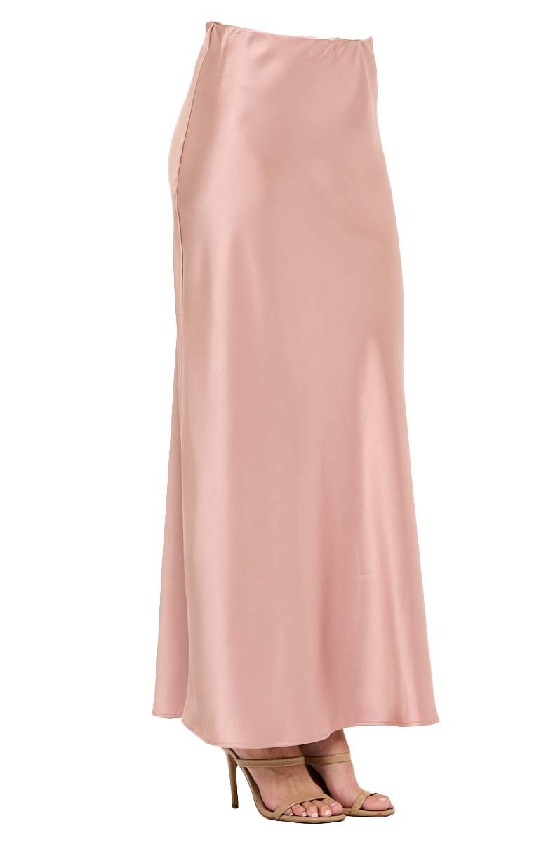 Women's Solid Satin High Waist Midi Long Skirt Hidden Elastic Waistband Skirt for Women-Made in USA