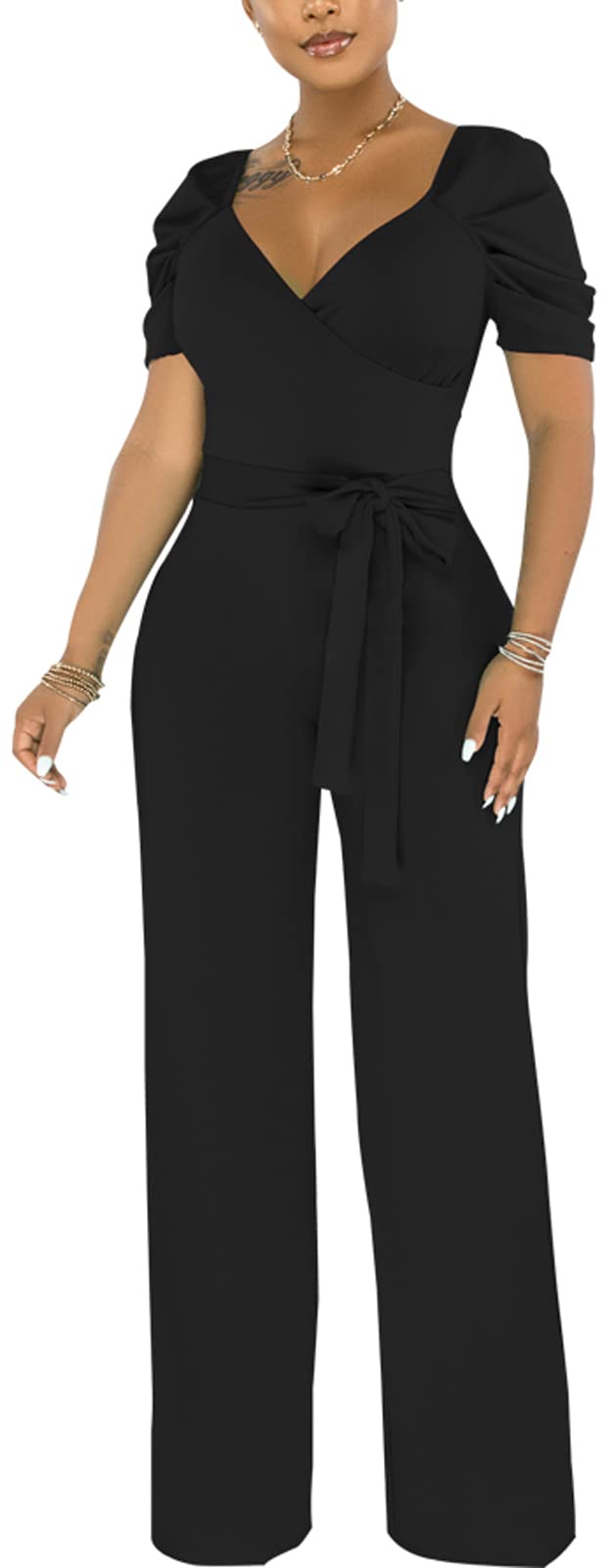PaladMom Womens Elegant Plus Size Jumpsuits Sexy Back zipper Short Sleeve Mid Waist Wide Leg Straight Rompers