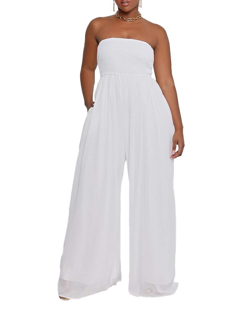 Ophestin Women's Strapless Tube Wide Leg Jumpsuits Smocked Women Jumpsuits Dressy Casual Flowy One Piece Jumpsuits Rompers