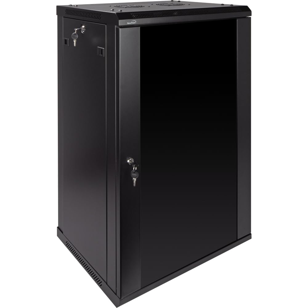 NavePoint 12U Server Rack Enclosure - 23.6” Deep, Wall Mount Network Cabinet with Locking Glass Door for 19” IT Equipment, Network Rack with 2 Fans, Removable Side Panels, Black