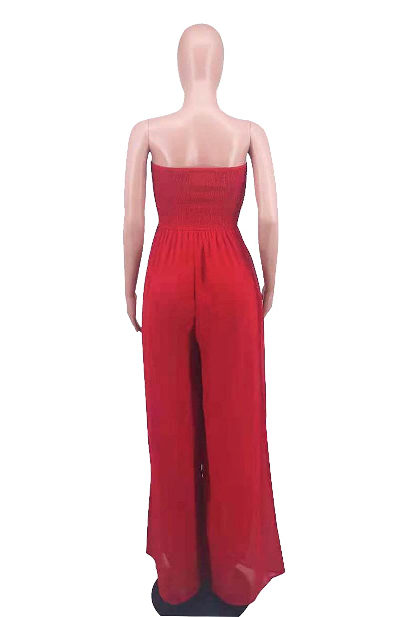 Ophestin Women's Strapless Tube Wide Leg Jumpsuits Smocked Women Jumpsuits Dressy Casual Flowy One Piece Jumpsuits Rompers