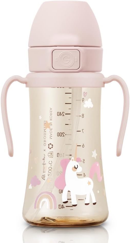 GROSMIMI PPSU Baby Straw Cup Stage 2, 12M+, Spill-Proof, 10oz (Unicorn)