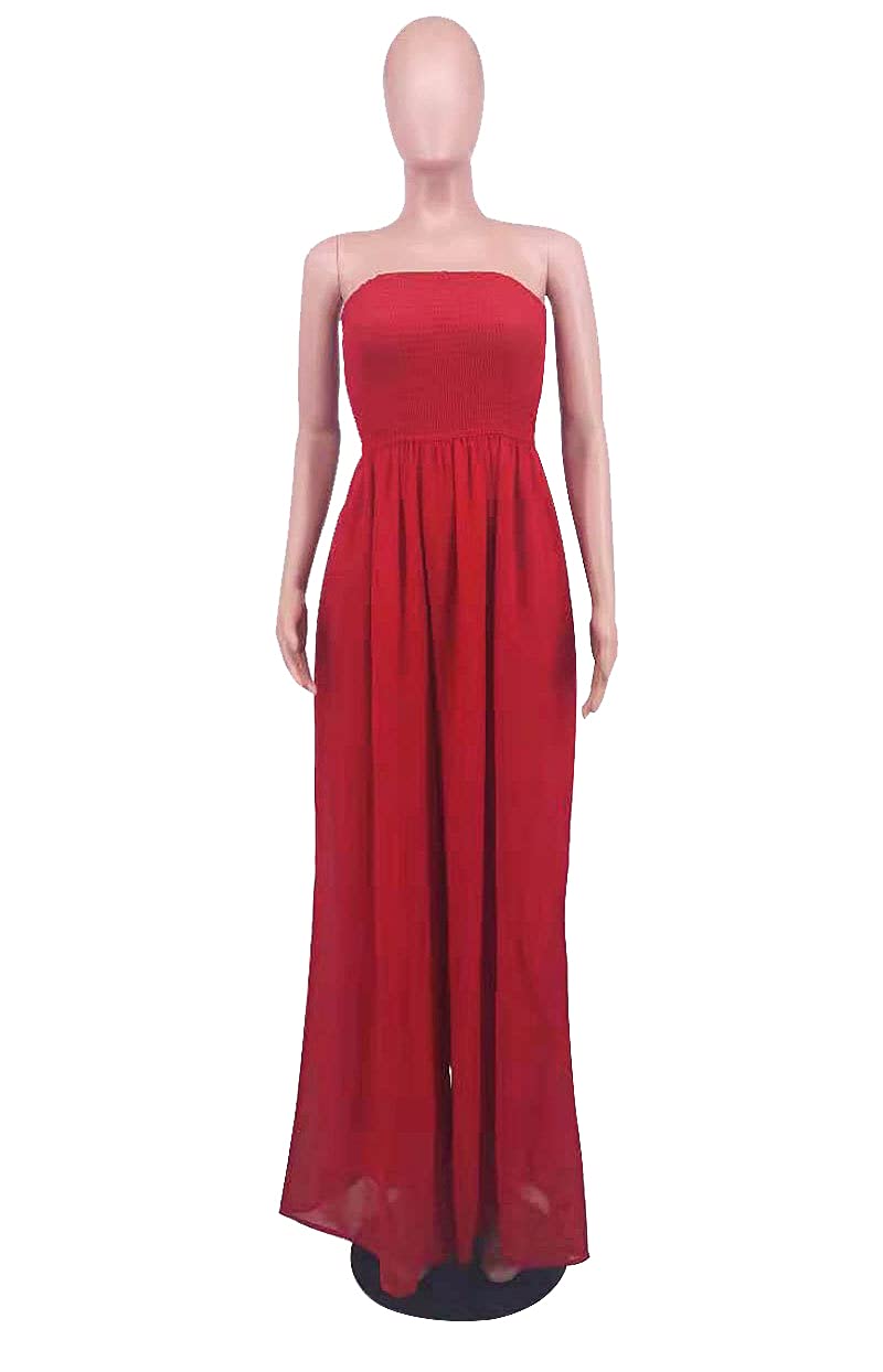 Ophestin Women's Strapless Tube Wide Leg Jumpsuits Smocked Women Jumpsuits Dressy Casual Flowy One Piece Jumpsuits Rompers
