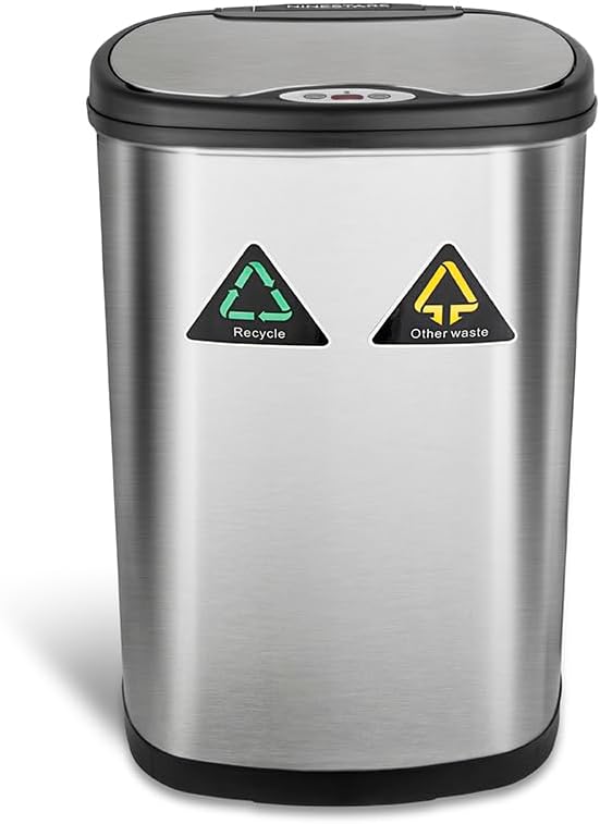 Ninestars DZT-50-13R Automatic Touchless Dual Compartment Motion Sensor Trash Can/Recycler, 13 Gal 50L, Stainless Steel Base (Oval, Black/Silver Lid)