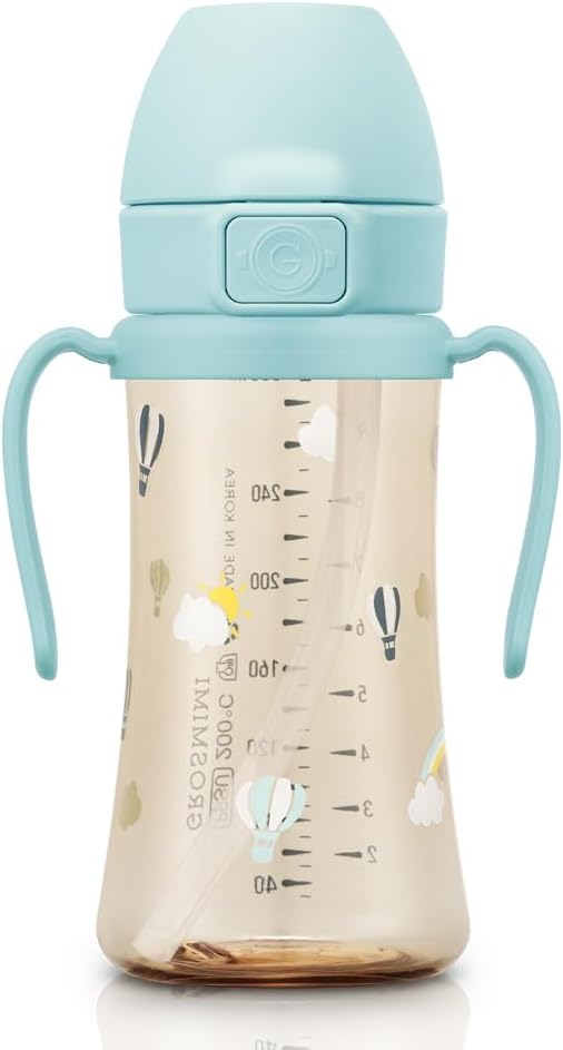 GROSMIMI PPSU Baby Straw Cup Stage 2, 12M+, Spill-Proof, 10oz (Air Balloon)